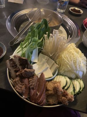 Veggie plate - lots of fresh veg and mock meats  at Monsoon Shabu Shabu in Hobart