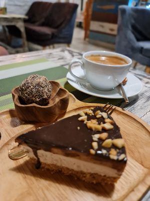 Caramel ice cream cake & almond protein ball at Go Vegan Cafe in Phuket