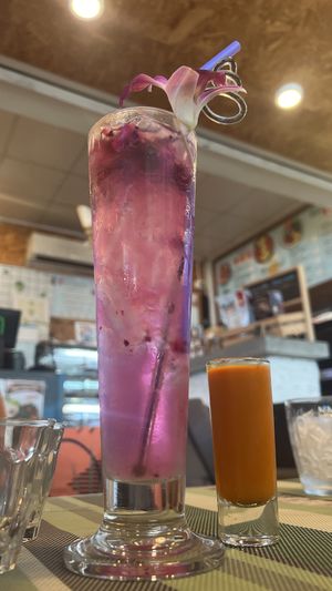 Pink lemonade with dragon fruit and turmeric shot  at Go Vegan Cafe in Phuket