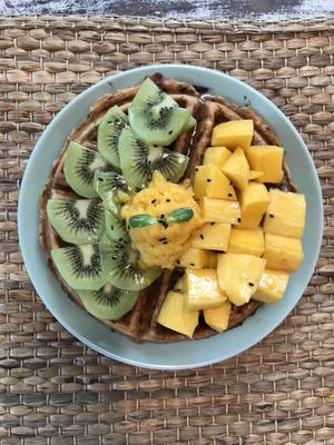 Gluten Free flax seed Vegan Waffles with Maple Syrup ! at Go Vegan Cafe in Phuket