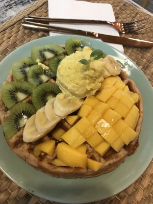 More Gluten Free Flax seed Waffles with fresh fruit and home made Vegan Mango Ice Cream at Go Vegan Cafe in Phuket