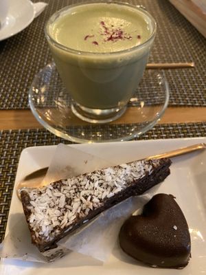 Dessert and matcha latte  at Go Vegan Cafe in Phuket