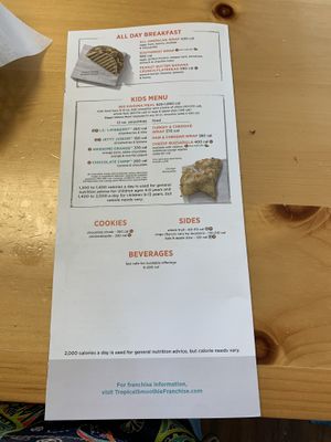 Back of the menu at Tropical Smoothie Cafe - Hwy 98 in Lakeland