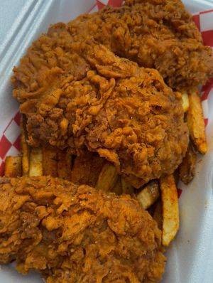 fried seitan 3pc dinner w lemon pepper fries  at Vegan T'ease in Orland Park