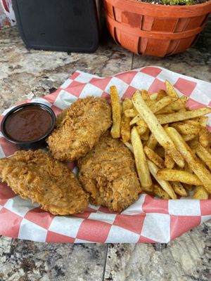 salty frys and crunchy chicken with tangy bbq; yummy!   at Vegan T'ease in Orland Park