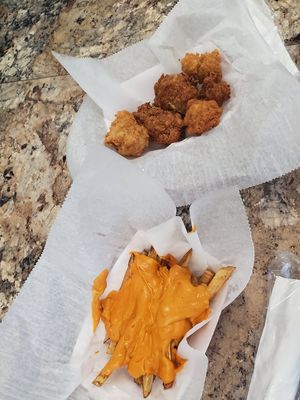 Delicious cheese fries and cauliflower wings mmmm!! at Vegan T'ease in Orland Park