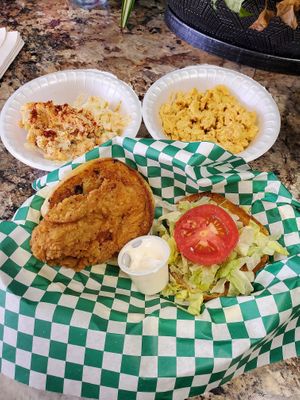 T's Chicken Sandwich with sides of potato salad and mac&cheese at Vegan T'ease in Orland Park