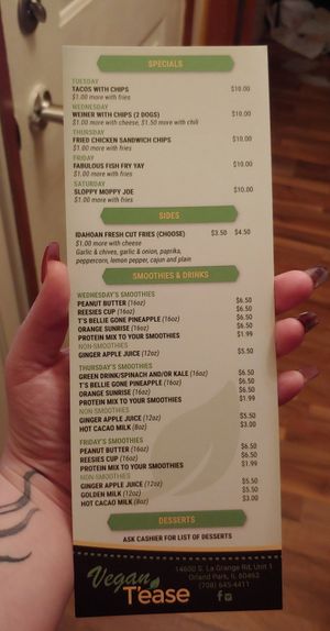 Menu at Vegan T'ease in Orland Park