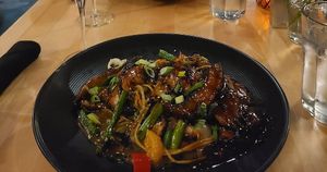 Hoisin glazed mushroom with yakisoba noodles at Local Ocean Seafoods in Newport