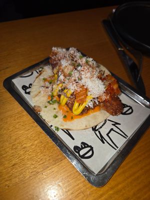 Korean chorizo "hot dog" (also an eggplant taco) at Little Prince in Traralgon