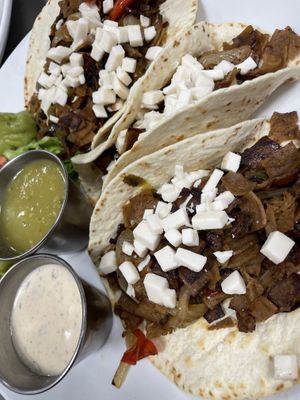 Seitan Tacos w/ Vegan cheese & vegan ranch   at 51 North Taproom in Nashville