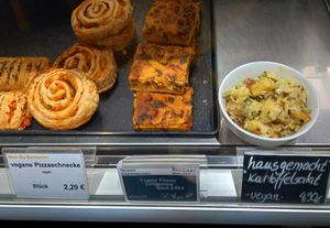 hearty vegan stuff at the bakery (pizza rolls, frittata, potato salad) at Biomare - Plagwitz in Leipzig