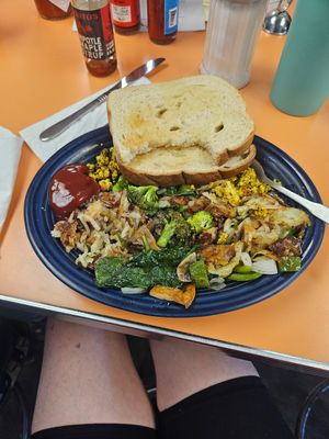 Vegan veggie wife--hash browns with veggies, tofu scram, toast. at Hartland Diner  in Hartland