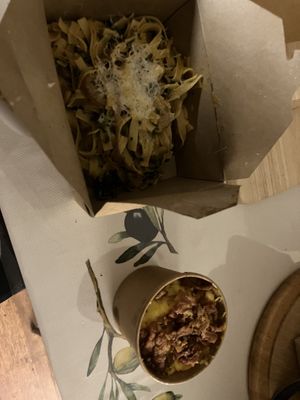 Mushroom tagliatelle with side of Mac and cheese topped with bacon pieces   at The Greenhouse in Fleet