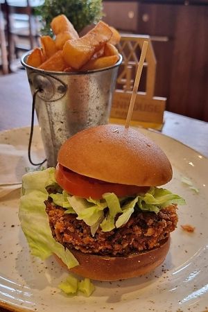 Spiced lentil bomb burger & Triple-cooked gourmet chips at The Greenhouse in Fleet