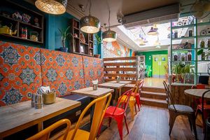 interior with vintage Indian design touches at Curry Leaf Cafe - South Lanes in Brighton