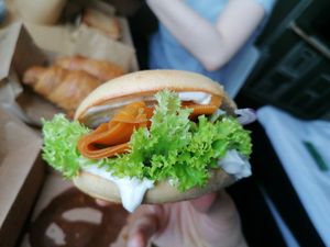 Cream cheese, carrott salmon Bagel at Plant Base in Berlin