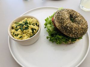 Bagle with tofu scramble   at Plant Base in Berlin