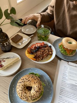 Bagel, salted caramel bar, granola bowl, mint tea.  at Plant Base in Berlin
