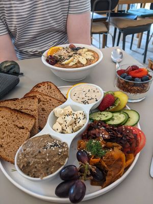 Brunch plate and porridge at Plant Base in Berlin