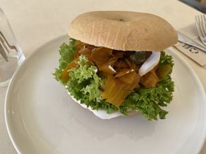 Salmon bagel (nice smokey taste and lukewarm)  at Plant Base in Berlin