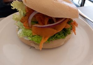 Bagel with carrot salmon at Plant Base in Berlin