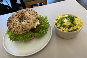 Egglike bagel and tofu scramble   at Plant Base in Berlin