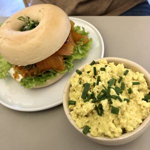 Salmon bagel with scrambled tofu  at Plant Base in Berlin