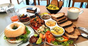 Salmon bagel, breakfast plate for 2, bounty cake at Plant Base in Berlin