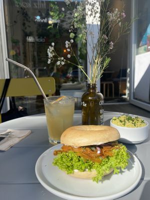 Salmon bagel and a side of scrambled tofu  at Plant Base in Berlin