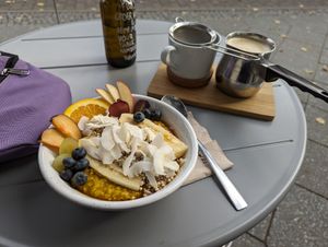 Golden milk style porridge and dirty chai latte at Plant Base in Berlin