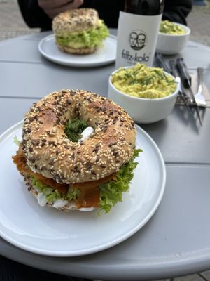 Salmon bagel und tofu scramble   at Plant Base in Berlin