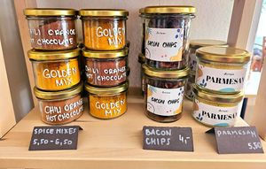 Spice mixes. Bacon chips. Parmesan at Plant Base in Berlin