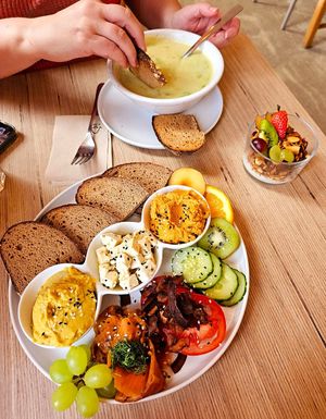 Breakfast platter for one, soup of the day at Plant Base in Berlin