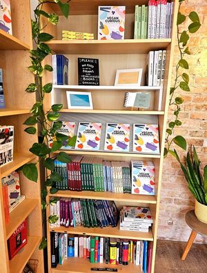 Vegan books available for reading and for purchase at Plant Base in Berlin
