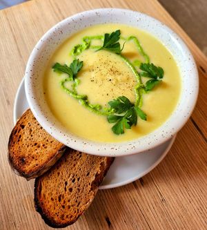 Soup of the day leek+potato+ parsley pesto at Plant Base in Berlin