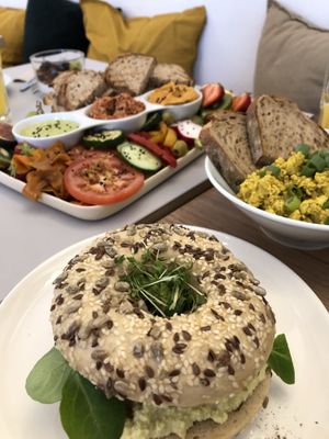 Breakfast plated and egg bagel at Plant Base in Berlin