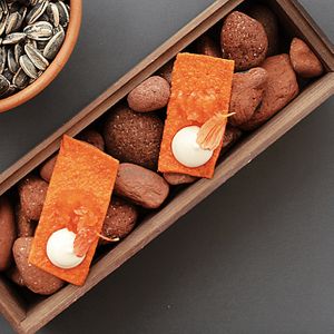 *Capsicum - Red Pepper Chip, Fermented Red Pepper Puree, Cashew Sour Cream, Dried Grated Strawberry. One Dish from the 13-Course Vegan Tasting Menu. at ēst in Toronto