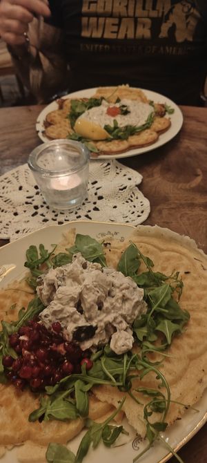 Savoury waffle with mushrooms, potatoes and lingonberry at Klockargårdens Våffleri in Grodinge