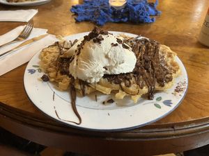 Vegan Nutella & Banana waffle with ice cream (also vegan)  at Klockargårdens Våffleri in Grodinge
