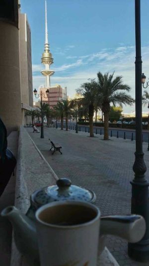 While there are no outdoor tables yet, you can still enjoy a view of Kuwait City after your meal on public benches (they're kind enough to bring us our tea outside)  at Ginger Restaurant in Kuwait City