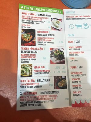 vegan menu at Funky Pho in Budapest