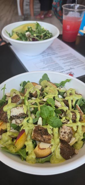 Weekly special which was arugala, peaches, almonds slivers, mint and green goddess dressing. I paid extra for added tofu at MV Salads in Oak Bluffs