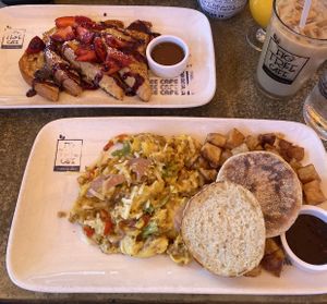 Lemon Strawberry French Toast & Italian Plant Based Scramble with a Lavender Vanilla Latter with oatmilk  at Fig Tree Cafe - Liberty Station in San Diego