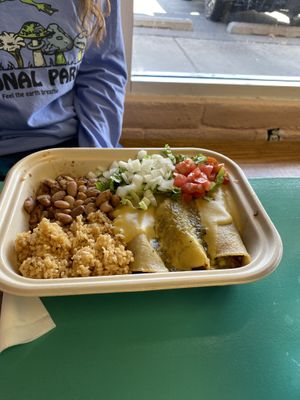 Enchilada plate (seitan)  at Vegos in Albuquerque