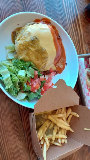 Stuffed sopa xmas and chile cheez fries at Vegos in Albuquerque