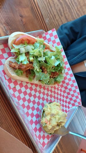 Soy curl po boy and potato salad at Vegos in Albuquerque