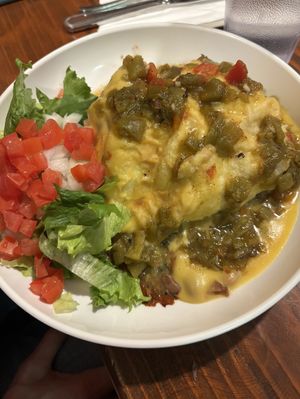 Stuffed sopapilla. Tofu protein. Green chili sauce   at Vegos in Albuquerque