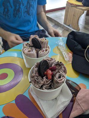 The ice roll nearest the camera is the vegan one at Ice Rolls in Rhodes