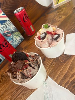 Vegan oreo ice rolls with vegan nutella and vegan coconut ice rolls with strawberry and banana  at Ice Rolls in Rhodes